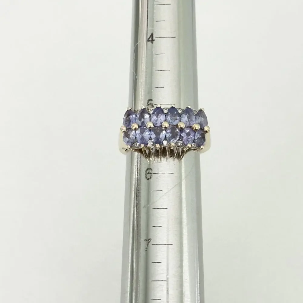 14K Yellow Gold Tanzanite Double Row & Diamond Ladies Band Ring Size 5.5
